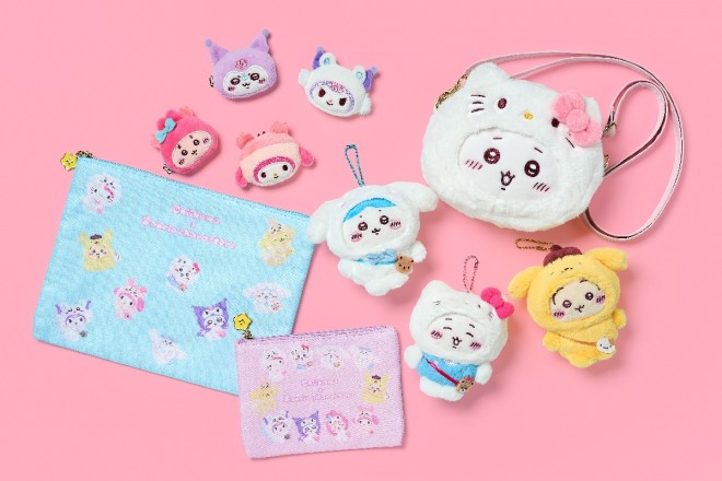 The Chiikawa × Sanrio Characters collaboration features mascots in fuzzy costume crossovers, with 21 new items releasing June 13 nationwide